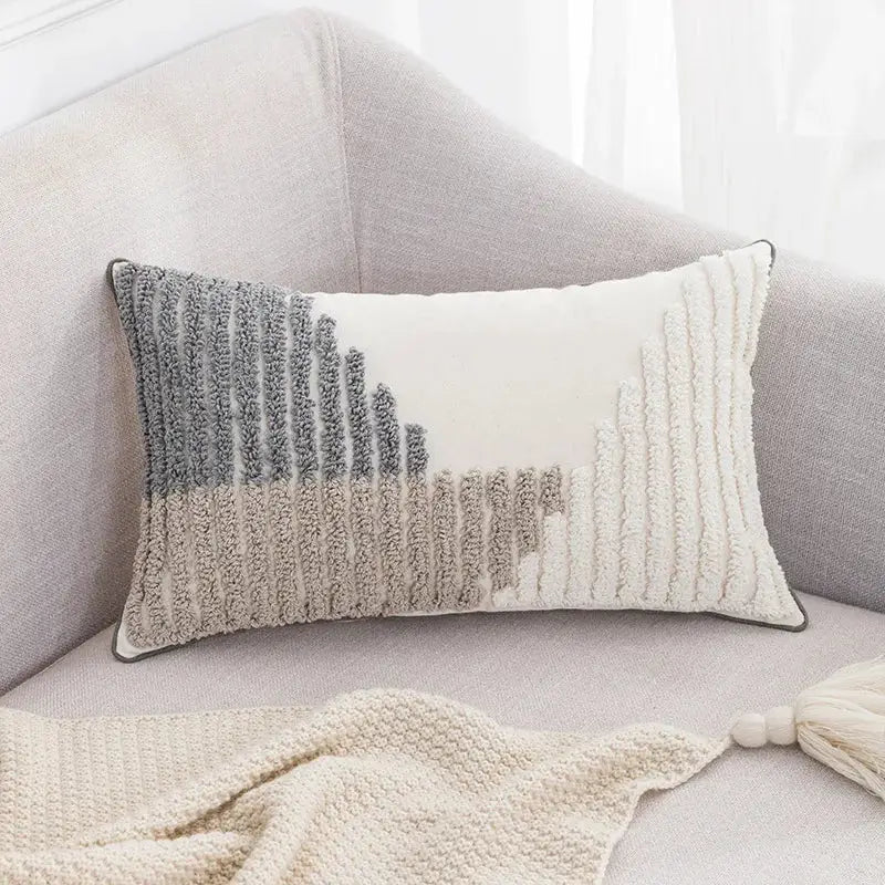 Rectangular cushion cover with boho tufted embroidered design in grey and beige for living room decorbites boho tufted pillow