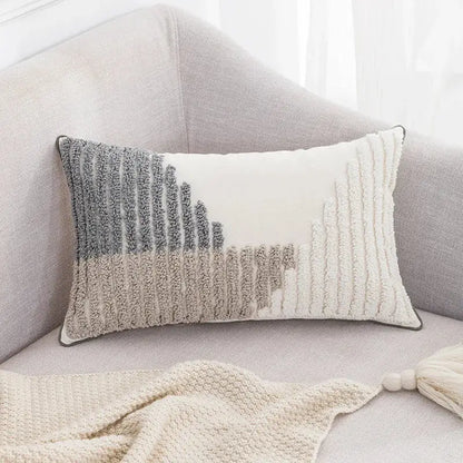 Rectangular cushion cover with boho tufted embroidered design in grey and beige for living room decorbites boho tufted pillow