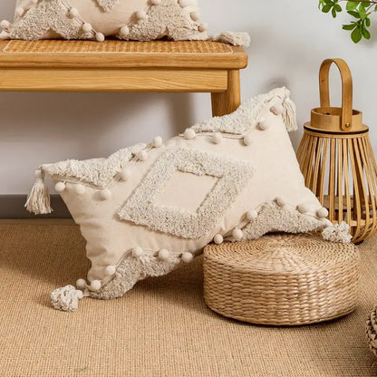 Beige textured boho tufted embroidered cushion cover with pom-poms and tassels for living room decorbites pillow