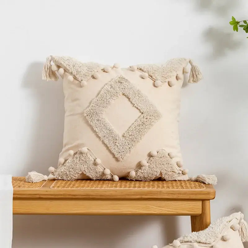 Beige decorbites boho tufted embroidered cushion cover with textured diamond embroidery pom-poms and tassels for living room decor