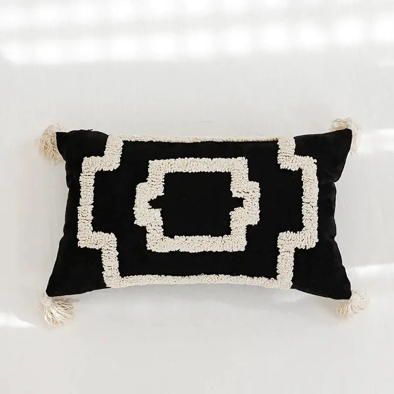 Black velvet rectangular pillow cover with cream woven geometric pattern and tassels decorbites boho tufted pillow