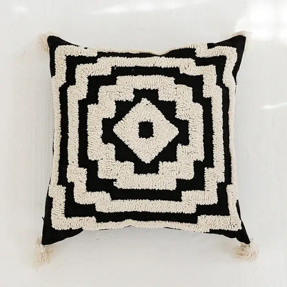 Black and cream pillow cover with tufted geometric design and fringed edges decorbites boho tufted pillow for living room decor