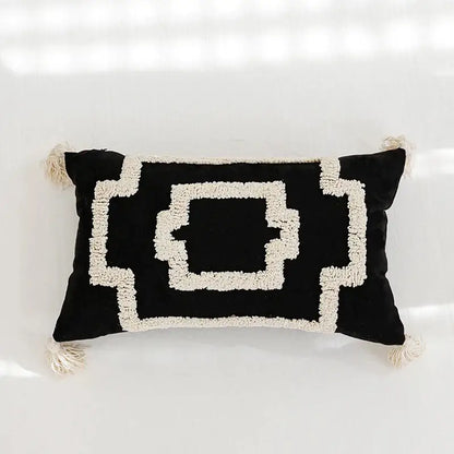 Black velvet rectangular boho tufted pillow cover with cream geometric pattern and tassels for living room decorbites boho tufted pillow