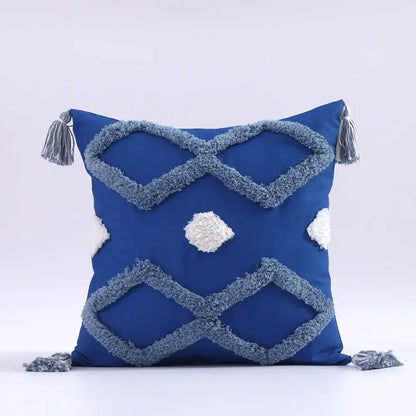 Vibrant blue boho tufted tassel cushion cover with textured gray and white geometric embroidery for decorbites living room decor