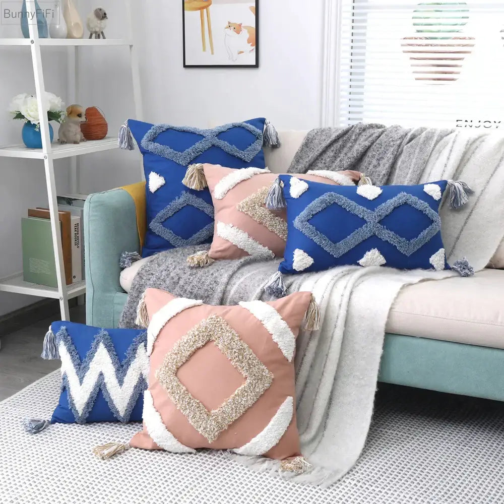 Boho tufted tassel blue and pink cushion cover with geometric pattern and tassel trim for living room decorbites boho tufted decor