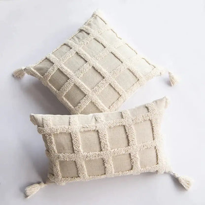 Cream-colored boho tufted tassel cushion cover with textured grid pattern and tassels for living room decorbites decor