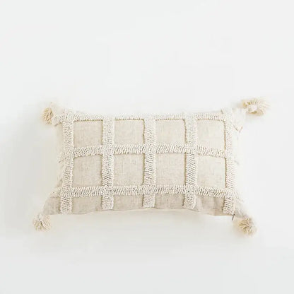 Beige boho tufted tassel cushion cover with textured grid pattern and corner tassels for living room decorbites decor