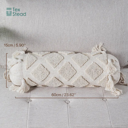 Cream-colored boho tufted tassel lumbar pillow with textured diamond embroidery and tassels for bedroom decorbites decor