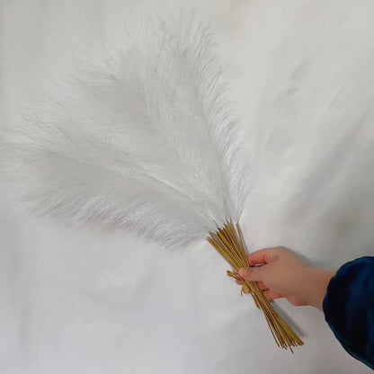 A bundle of white and beige fluffy pampas grass with slender golden stems for living room decor by decorbites