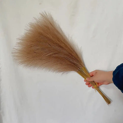 A hand holds a bundle of boho white and beige fluffy pampas grass with soft tan plumes for living room decor