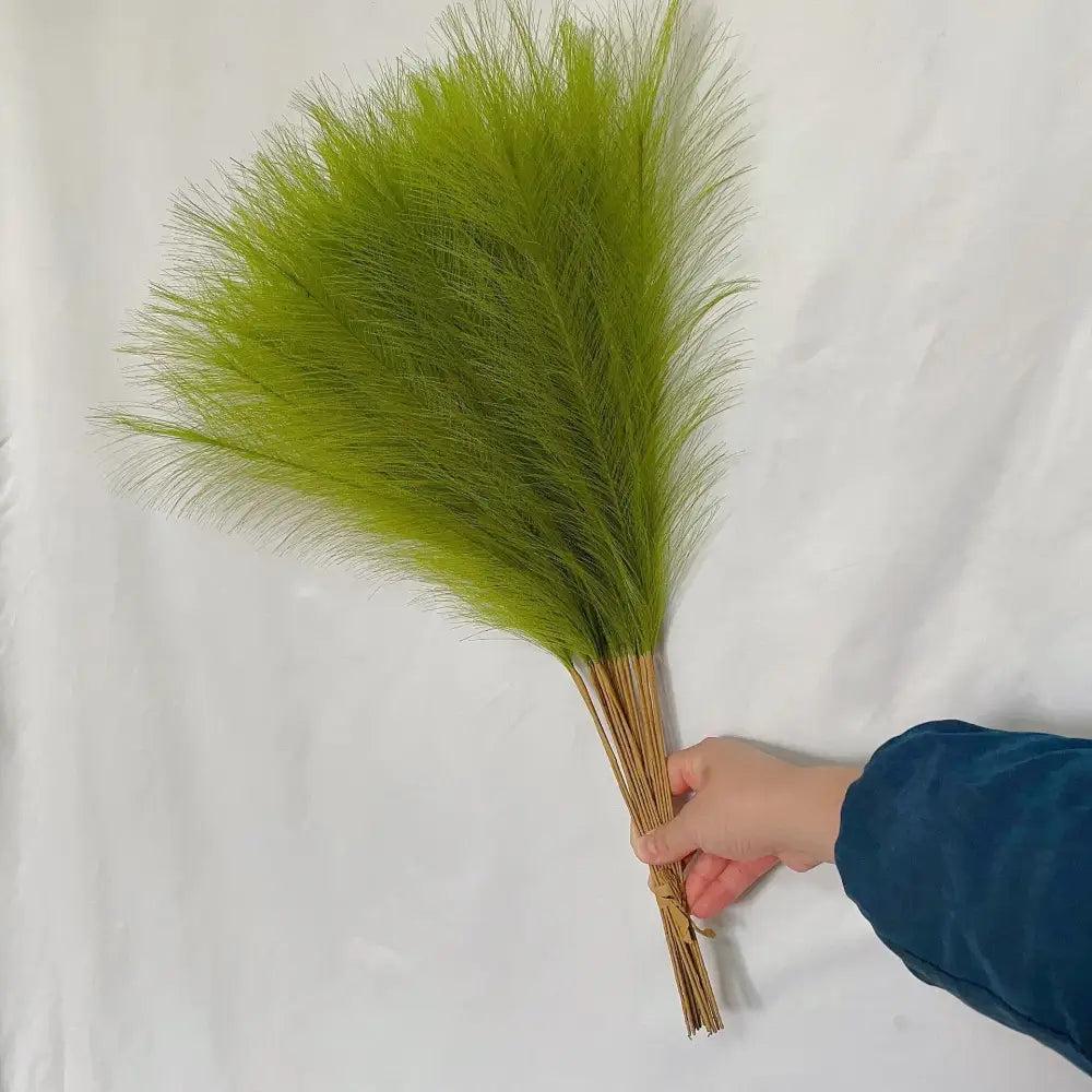 A vibrant lime-green fluffy pampas grass bouquet with slender plumes tied by natural stems for living room decorbites decor