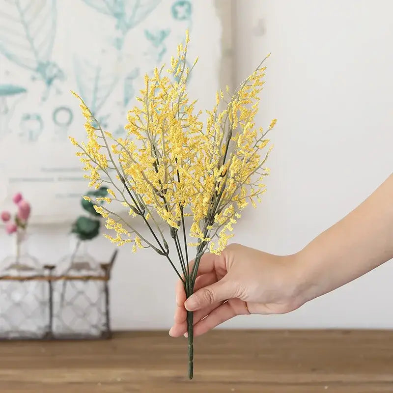 Boho wicker basket featuring decorbites forever dancing yellow artificial dancing grass flowers with slender stems