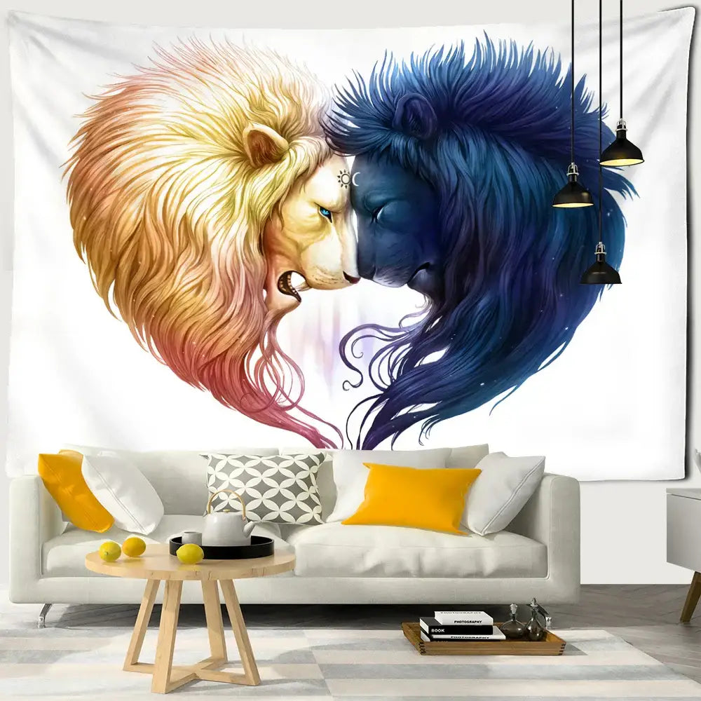 Boho wildlife tapestry wall hanging featuring white and blue lions in a heart-shaped embrace for bedroom decorbites boho wildlife decor