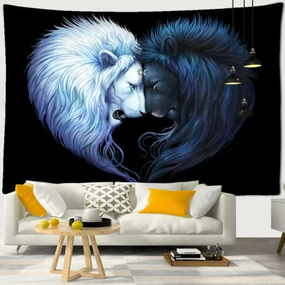 Boho wildlife tapestry wall hanging featuring white and dark blue lions in heart-shaped embrace for bedroom decorbites boho wildlife decor