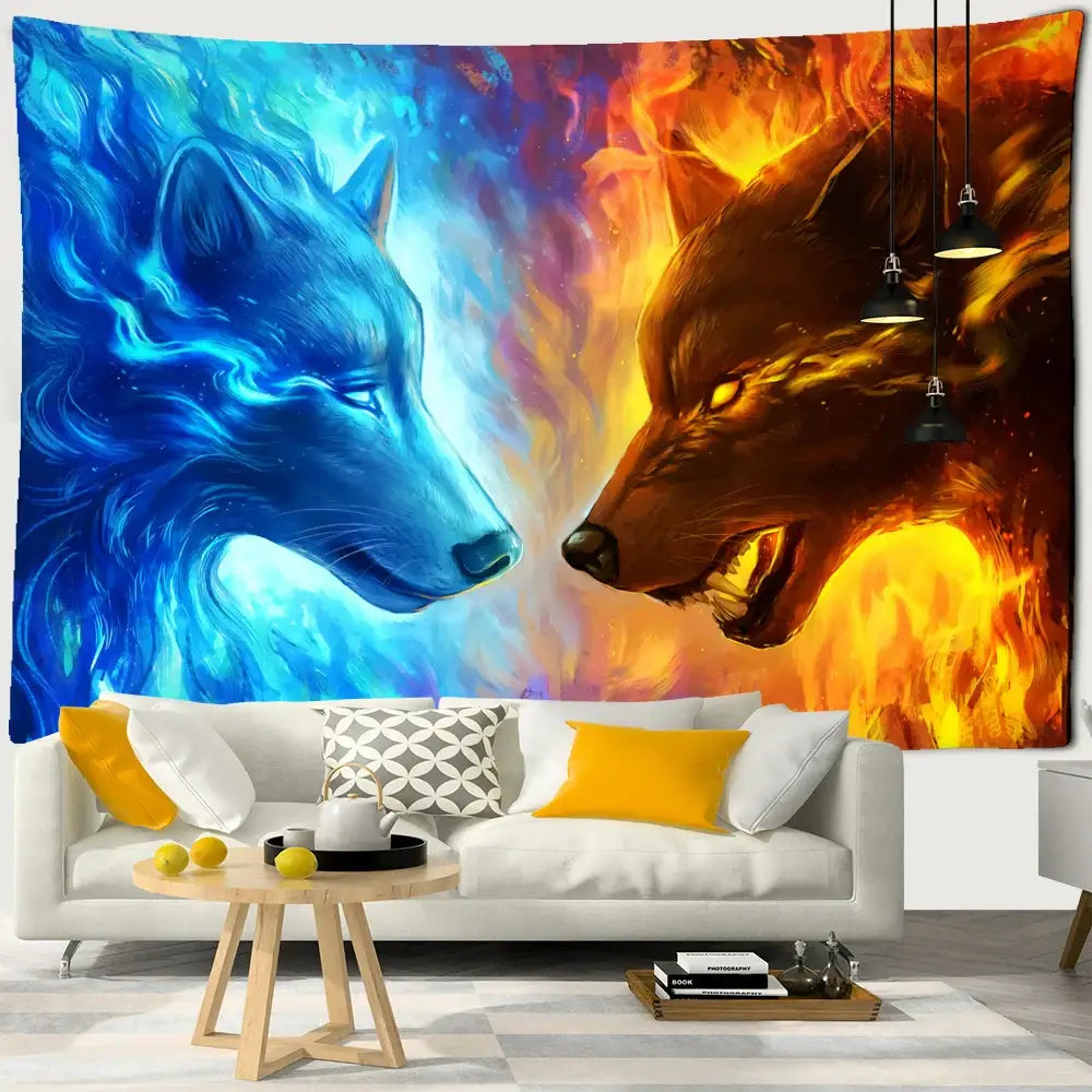 Vibrant boho wildlife tapestry wall hanging with blue icy and fiery orange wolves for decorbites boho wildlife bedroom decor