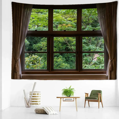 Boho window jungle scenery wall tapestry featuring a brown wooden window with dark curtains and lush green trees decorbites jungle scenery