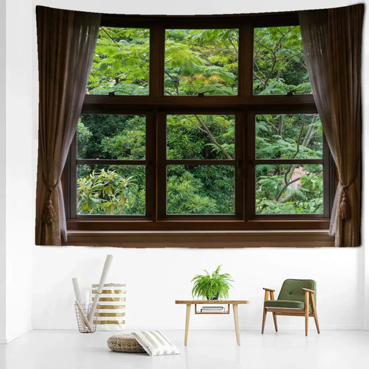 Boho window jungle scenery wall tapestry featuring a brown wooden window with dark curtains and lush green trees decorbites jungle scenery