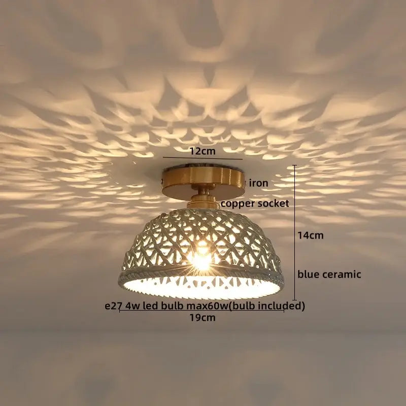 Boho woven rattan wood led ceiling light with brass iron base copper wood led socket and blue lattice ceramic shade for decorbites copper wood decor