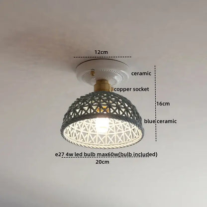 Boho woven rattan wood led ceiling light with blue ceramic shade copper wood led for bedroom decorbites copper wood decor