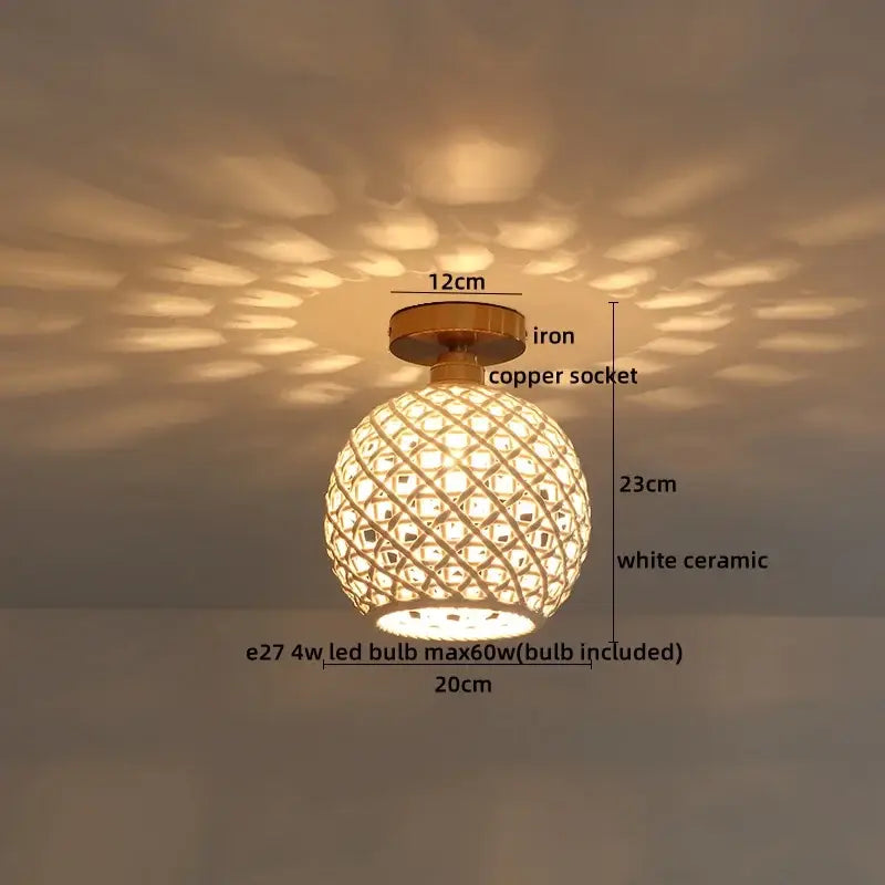 Boho woven rattan wood led ceiling light with white ceramic geometric lattice and copper wood led socket for decorbites decor