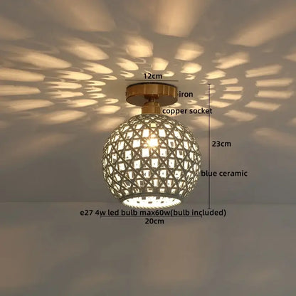 A spherical blue ceramic pendant light with copper wood led socket and iron mounting casting geometric shadows for bedroom decorbites wood led ceiling