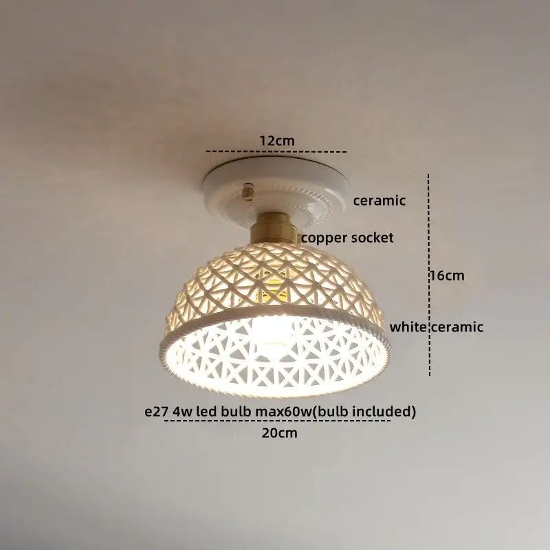 White ceramic ceiling light with geometric lattice design and copper socket for boho wood led ceiling decorbites copper wood style