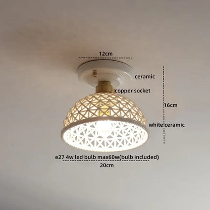 White ceramic ceiling light with geometric lattice design and copper socket for boho wood led ceiling decorbites copper wood style