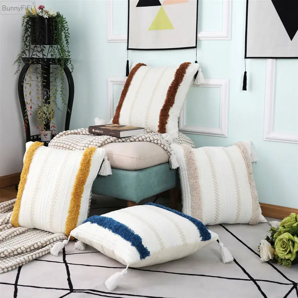 White throw pillow case with brown yellow and blue textured stripes and tassels for decorbites boho woven tassel decorbites boho woven pillow case