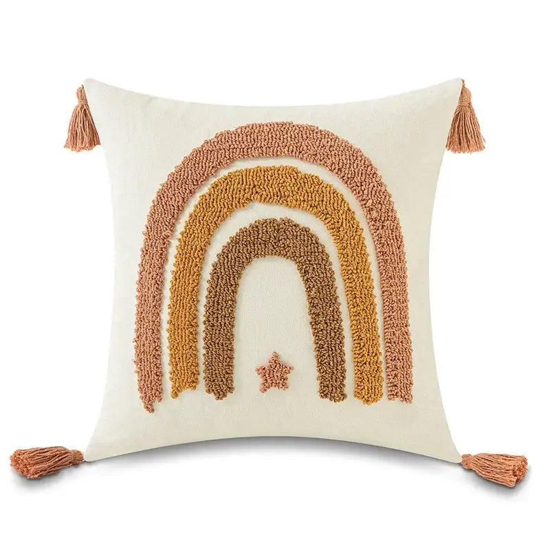 Cream-colored boho yellow rainbow pillow cover with textured terracotta and mustard tassels for bedroom decorbites decor