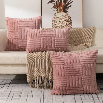 Soft pink textured plush throw pillow covers with a woven ribbed pattern for boho living room decor
