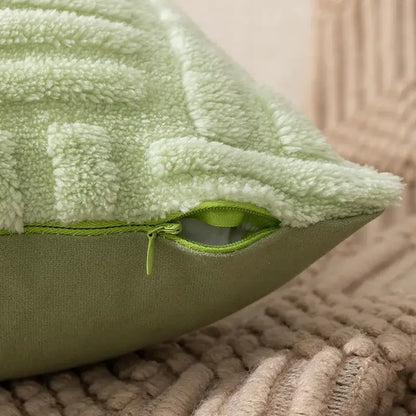 Boho yellow plush throw pillow covers featuring textured fuzzy light green fabric and a matching zipper closure