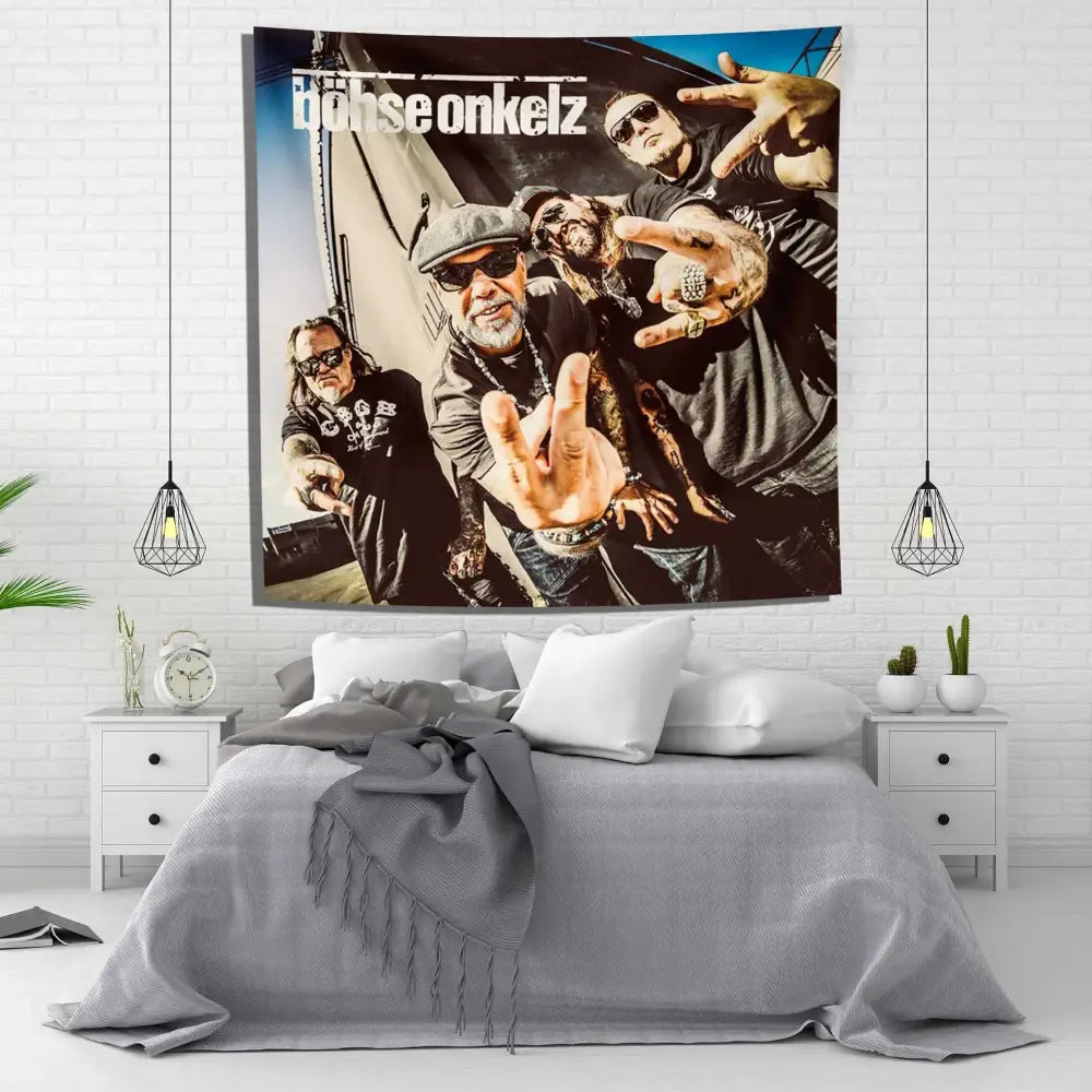 Black and white bohse onkelzs german rock tapestry flag hanging above the bed for bedroom decor
