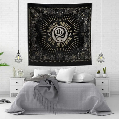 Black bandana style tapestry flag with intricate paisley and central skull emblem for bohse onkelzs german rock decor