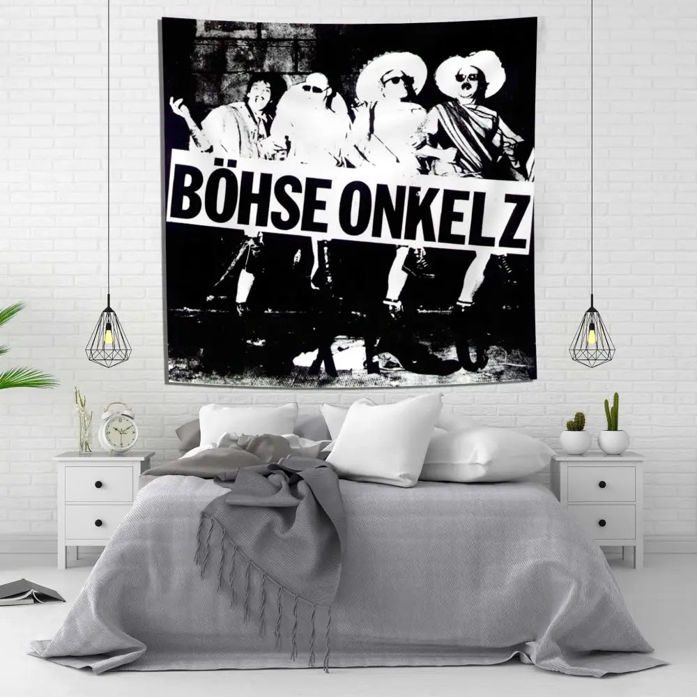 Black and white bohse onkelzs tapestry flag made of fabric hanging above a bed for german rock bedroom decor