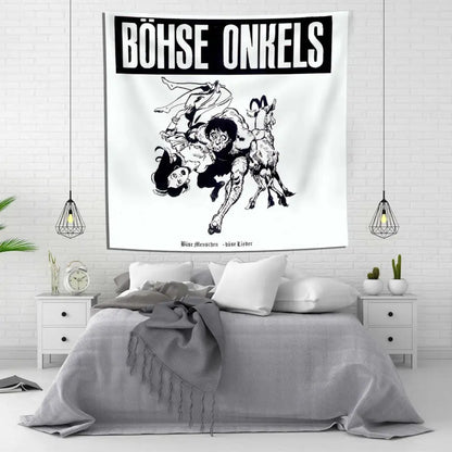 White wall hanging tapestry flag with black ink illustration of muscular figure woman goat and bold bohse onkelzs text