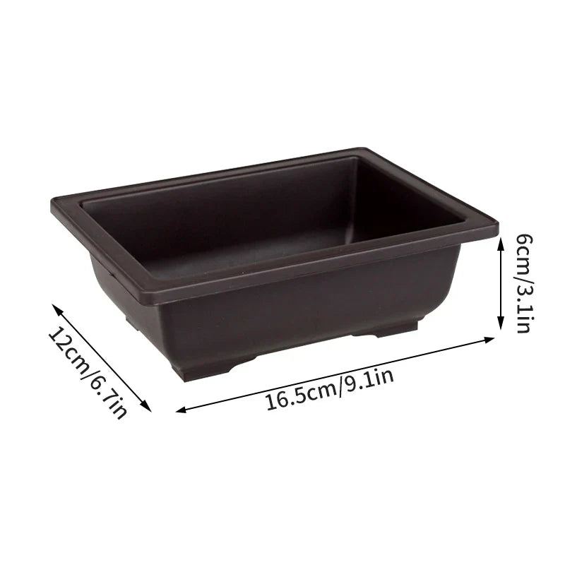 Dark brown rectangular plastic plant pot with rounded corners and shallow wide interior for outdoor use para plantas
