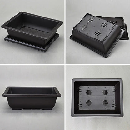 Black rectangular plastic plant pot with drainage tray and perforated base insert for succulents para plantas