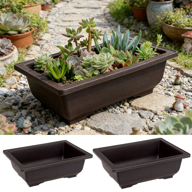 Dark brown rectangular ceramic plant pot filled with green and purple succulents para plantas outdoor use