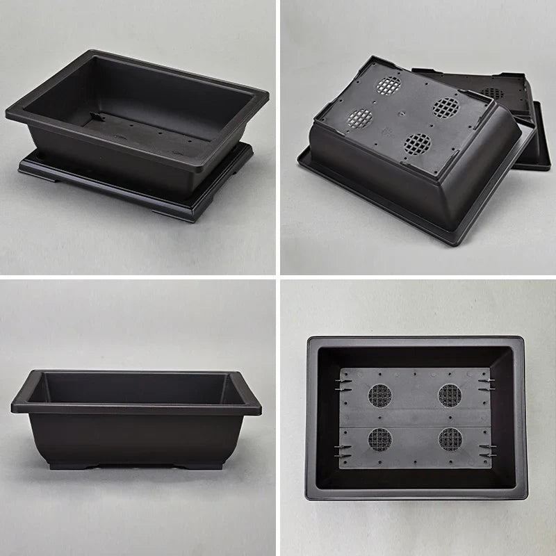 Black rectangular plastic plant pot with matching tray and perforated lid for succulents and outdoor garden use para plantas