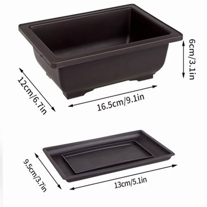 Black rectangular bonsai plant pot with matching tray made of molded plastic para plantas outdoor use