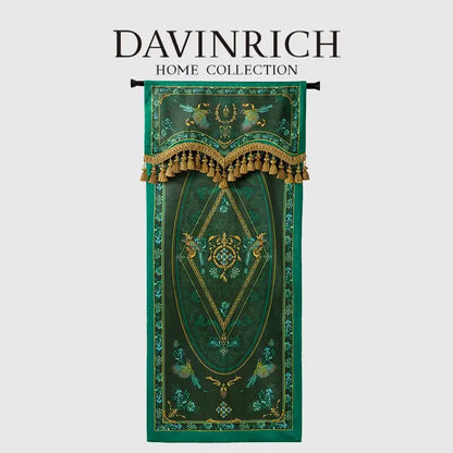Elegant emerald green and gold velvet blackout bedroom valance with embroidered bird motifs from decorbites botanic garden