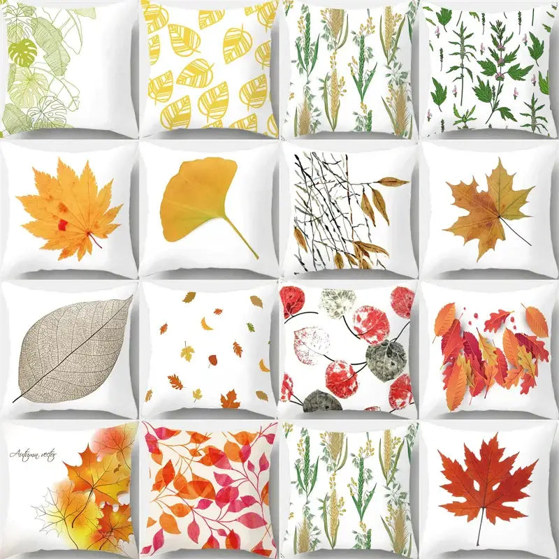 A collection of white plush throw pillow cases featuring autumn maple leaves and botanical patterns in fall colors for living room decor