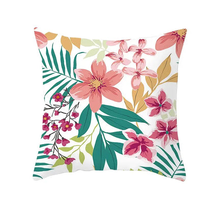 A square plush pillow case with vibrant tropical floral pattern and autumn maple leaves design for living room decor