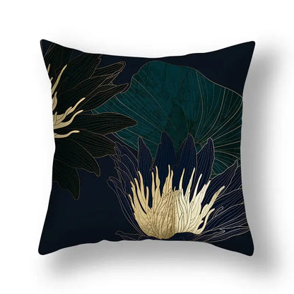 Dark navy cushion cover with gold-leafed big leaves in teal line art for living room decorative pillows