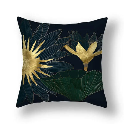 Dark navy cushion cover with elegant gold and deep green lotus big leaves design for living room decor
