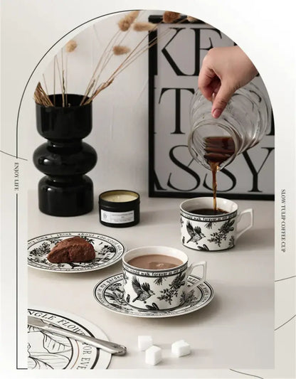 Black and white black bird ceramic coffee cup and saucer set with botanical floral pattern for dining room decorbites black bird