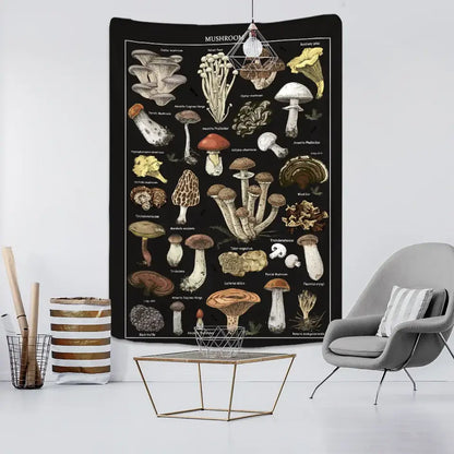Botanical black mushroom mystical tapestry bedroom wall hanging with black mushroom mystical sepia and beige decorbites black mushroom illustrations on dark background