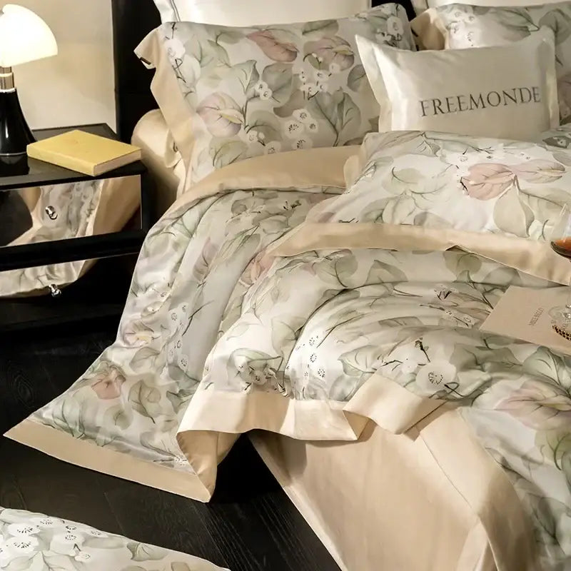 Elegant cream-colored egyptian cotton bedding set with botanical print and matching pillowcases for bedroom use