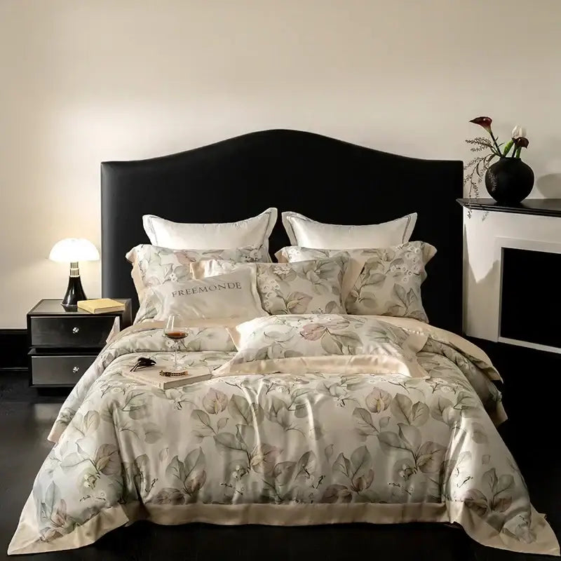 Elegant cream egyptian cotton print bedding set with botanical leaf pattern and premonde branding on pillowcase