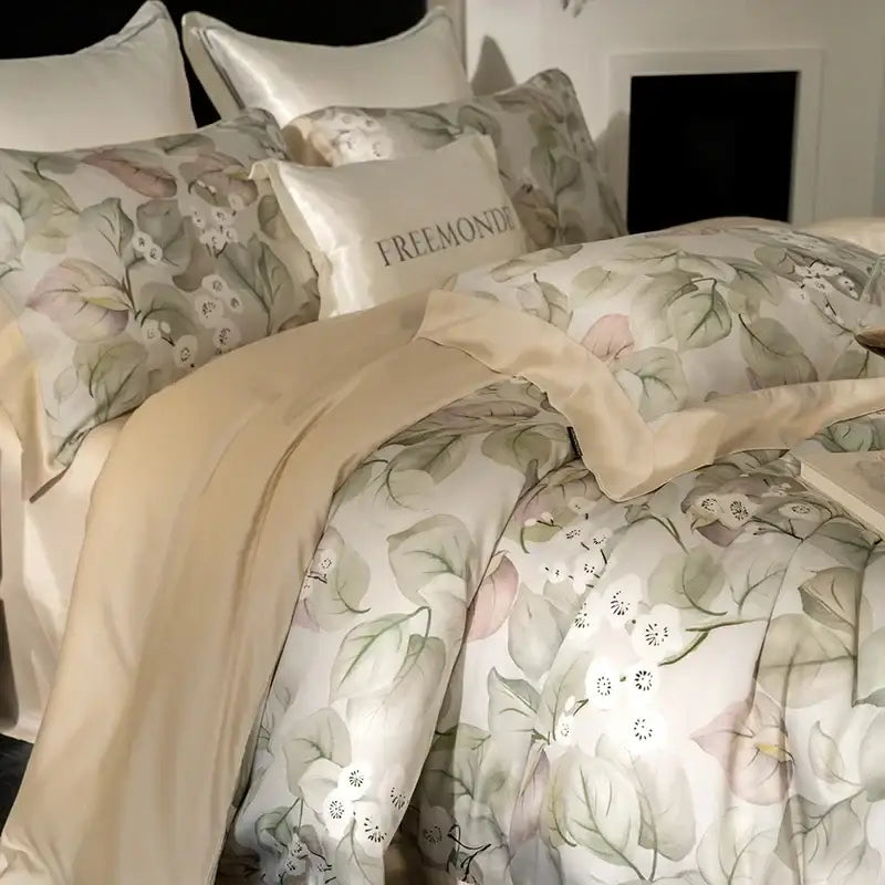 Elegant cream-colored bedding set in egyptian cotton featuring a botanical print in soft greens and blush pinks